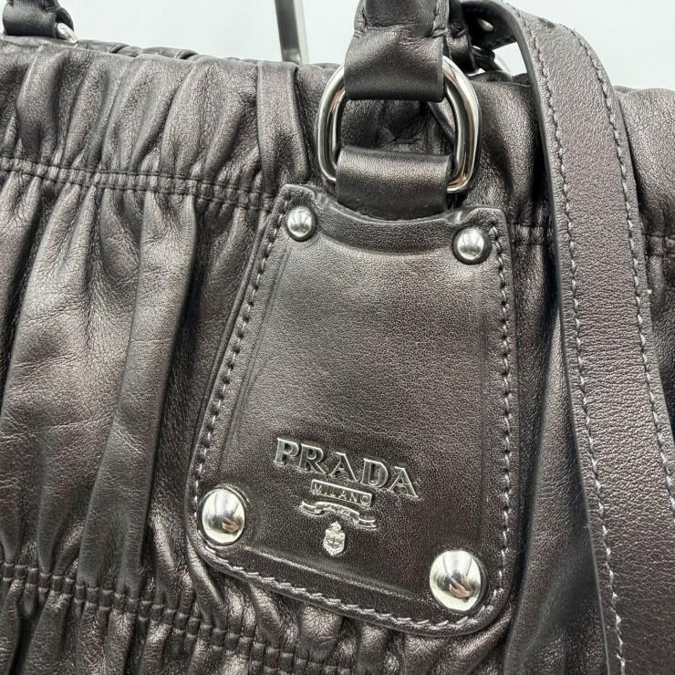 PRADA（プラダ）ギャザー レザー 2WAY ハンドバッグ ショルダーバッグ ダークブラウン レディース シルバートーン金具_4