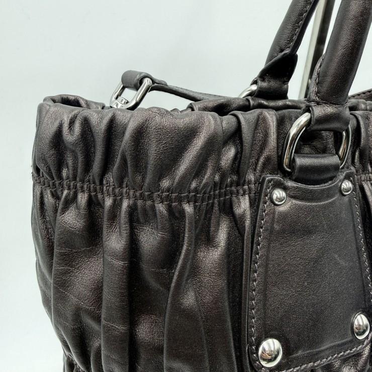 PRADA（プラダ）ギャザー レザー 2WAY ハンドバッグ ショルダーバッグ ダークブラウン レディース シルバートーン金具_6