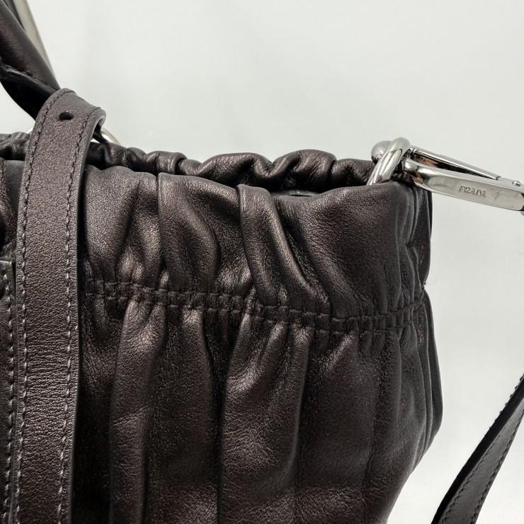 PRADA（プラダ）ギャザー レザー 2WAY ハンドバッグ ショルダーバッグ ダークブラウン レディース シルバートーン金具_8