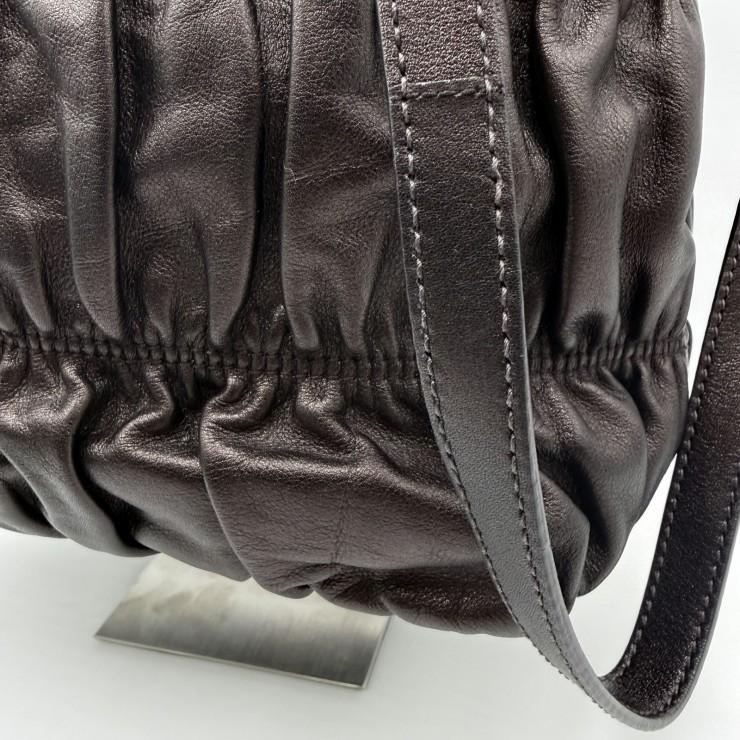 PRADA（プラダ）ギャザー レザー 2WAY ハンドバッグ ショルダーバッグ ダークブラウン レディース シルバートーン金具_9
