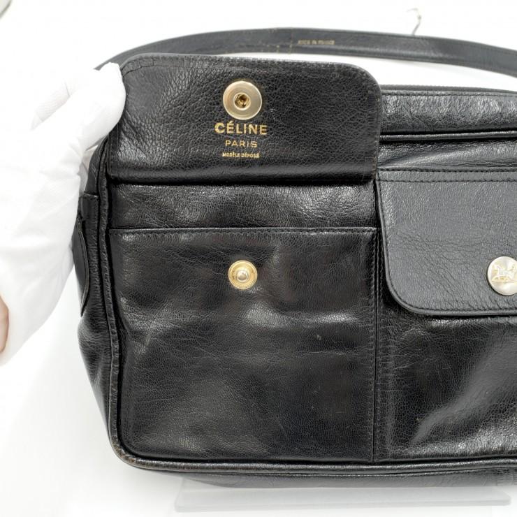 セリーヌ ヴィンテージ 馬車金具 レザーショルダーバッグ 黒 CELINE（セリーヌ） ヴィンテージ 馬車金具 ショルダーバッグ ブラック
