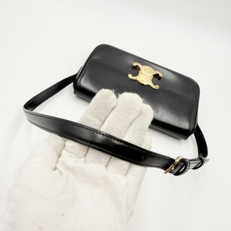 CELINE（セリーヌ）トリオンフ ショルダーバッグ ブラック レザー ゴールド金具 レディース フラップバッグ ヴィンテージ【中古】_17