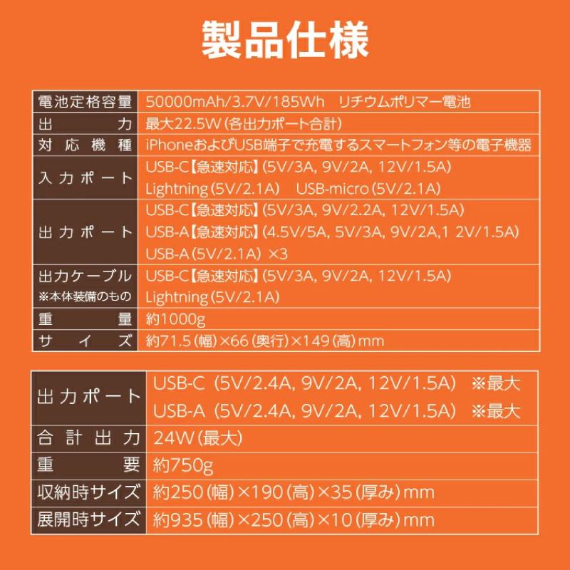 バッテリー コンパクト 大容量 ソーラーパネルセット  スマホ モバイルバッテリー 充電  ポータブルバッテリー  軽量 ソーラー ソーラーパネル 非常用 50000mAh |  | 16