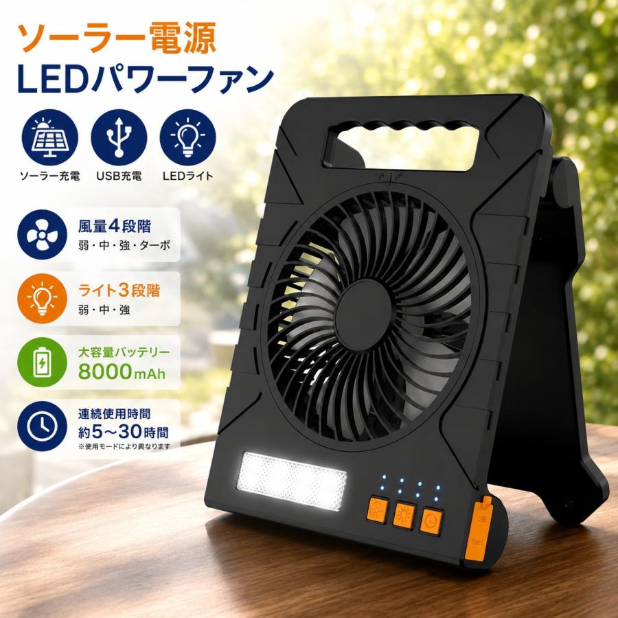 ソーラー電源LEDパワーファン ソーラー充電 USB充電 LEDライト付き 扇風機 8000mAh 大容量 4段階風量 3段階調光 防災 停電対策 キャンプ アウトドア 車中泊 | 