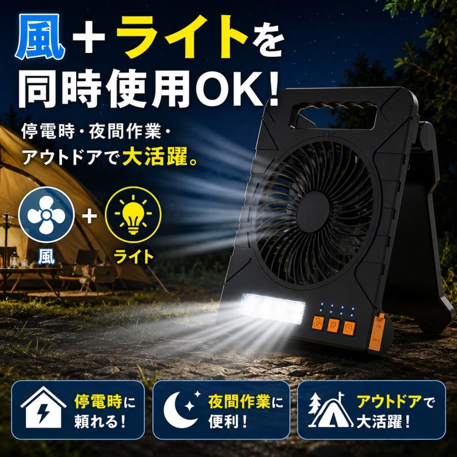 ソーラー電源LEDパワーファン ソーラー充電 USB充電 LEDライト付き 扇風機 8000mAh 大容量 4段階風量 3段階調光 防災 停電対策 キャンプ アウトドア 車中泊 |  | 02