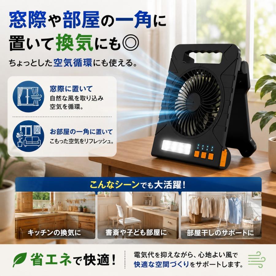 ソーラー電源LEDパワーファン ソーラー充電 USB充電 LEDライト付き 扇風機 8000mAh 大容量 4段階風量 3段階調光 防災 停電対策 キャンプ アウトドア 車中泊 |  | 06