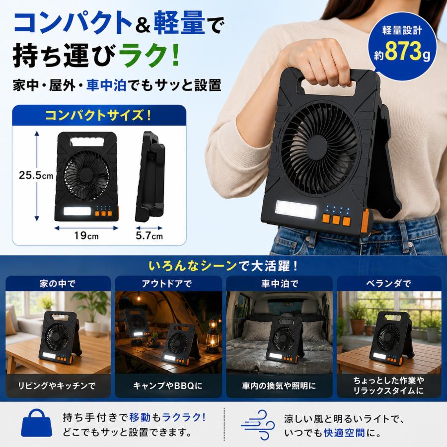ソーラー電源LEDパワーファン ソーラー充電 USB充電 LEDライト付き 扇風機 8000mAh 大容量 4段階風量 3段階調光 防災 停電対策 キャンプ アウトドア 車中泊 |  | 07