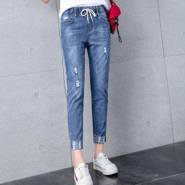 デニム テーパードデニム レディース ストレッチ ダメージ ウエストゴム ウエストリブ パンツ 美脚 ジーンズ 送料無料 |  | 04