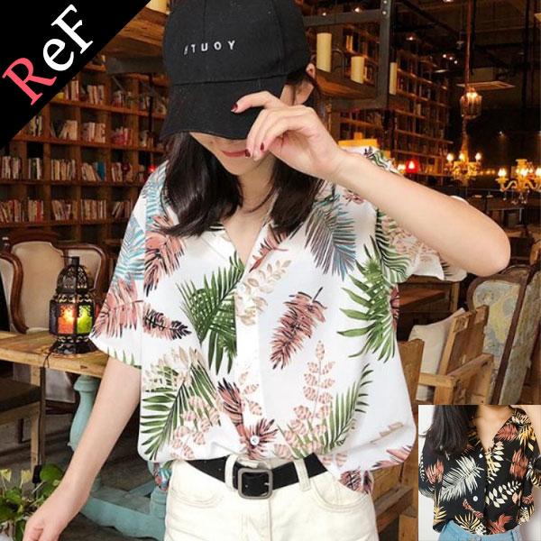 アロハシャツ シアーシャツ レディース トップス 半袖 ボタニカル ブラック ホワイト リゾート 涼しい　アロハ 羽織り  30代 40代 レフ r | 