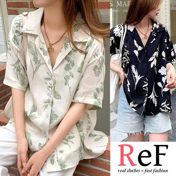 リゾートシャツ アロハシャツ レディース ボタニカル リーフ リゾート シャツ シアーシャツ ブラウス　半袖  ホワイト ブラック ref レフ 30代 40代 送料無料 | 