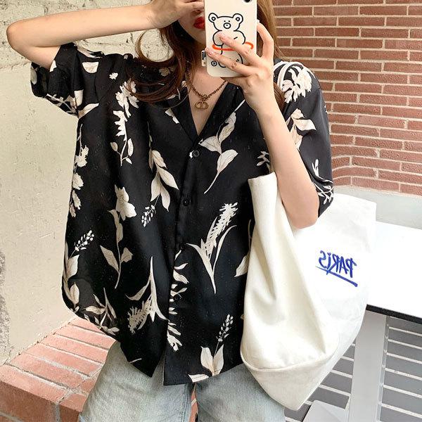 リゾートシャツ アロハシャツ レディース ボタニカル リーフ リゾート シャツ シアーシャツ ブラウス　半袖  ホワイト ブラック ref レフ 30代 40代 送料無料 |  | 05