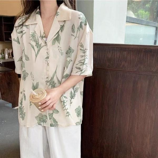 リゾートシャツ アロハシャツ レディース ボタニカル リーフ リゾート シャツ シアーシャツ ブラウス　半袖  ホワイト ブラック ref レフ 30代 40代 送料無料 |  | 08