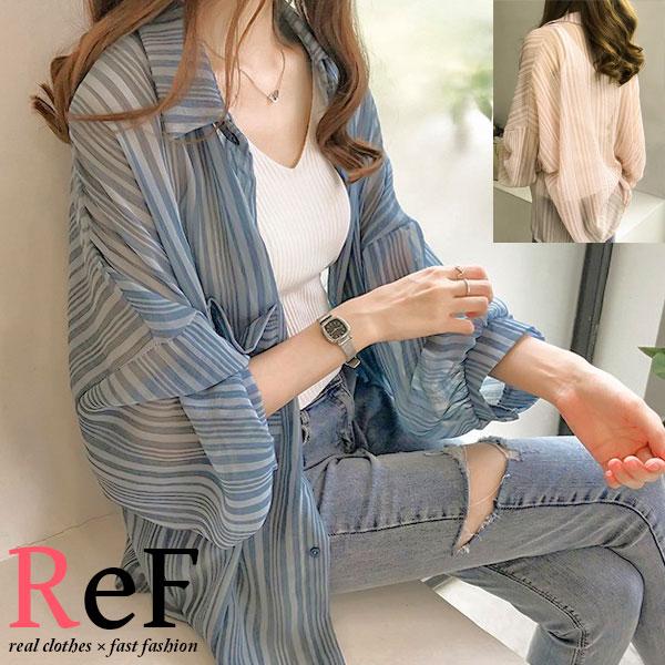 レディース ブラウス シャツ ストライプ シアーシャツ 薄手 羽織り 長袖 送料無料 | 