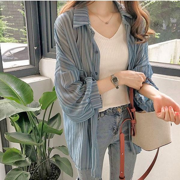 レディース ブラウス シャツ ストライプ シアーシャツ 薄手 羽織り 長袖 送料無料 |  | 06