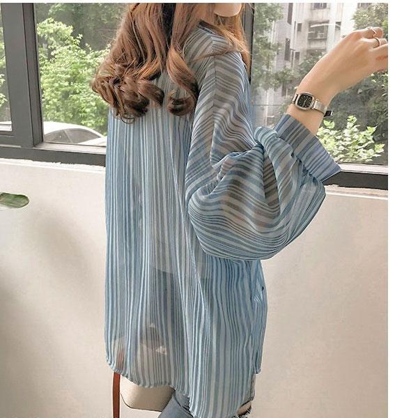 レディース ブラウス シャツ ストライプ シアーシャツ 薄手 羽織り 長袖 送料無料 |  | 07