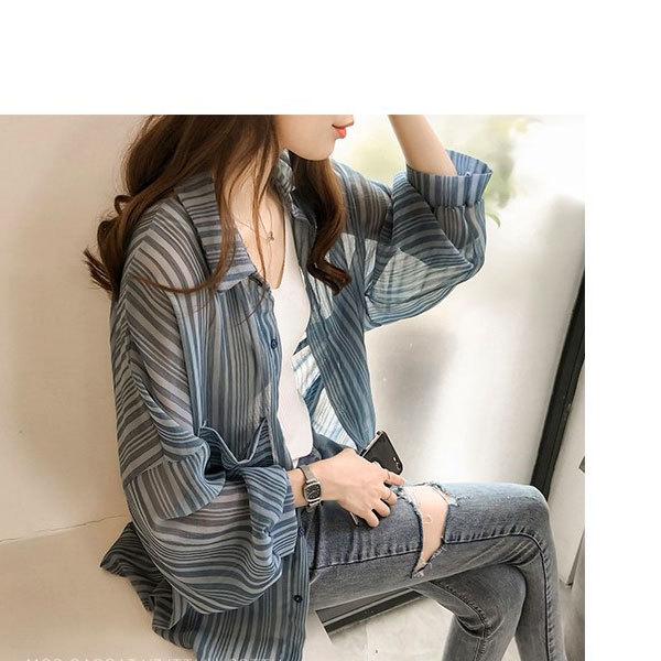 レディース ブラウス シャツ ストライプ シアーシャツ 薄手 羽織り 長袖 送料無料 |  | 02