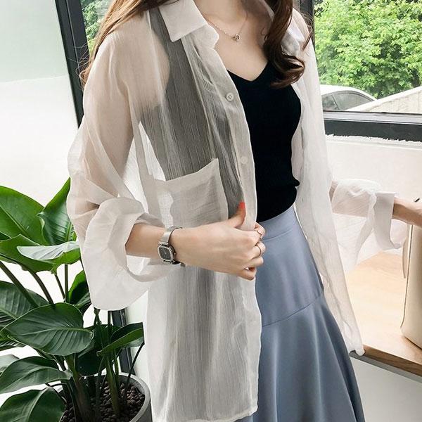 レディース ブラウス シャツ ストライプ シアーシャツ 薄手 羽織り 長袖 送料無料 |  | 03