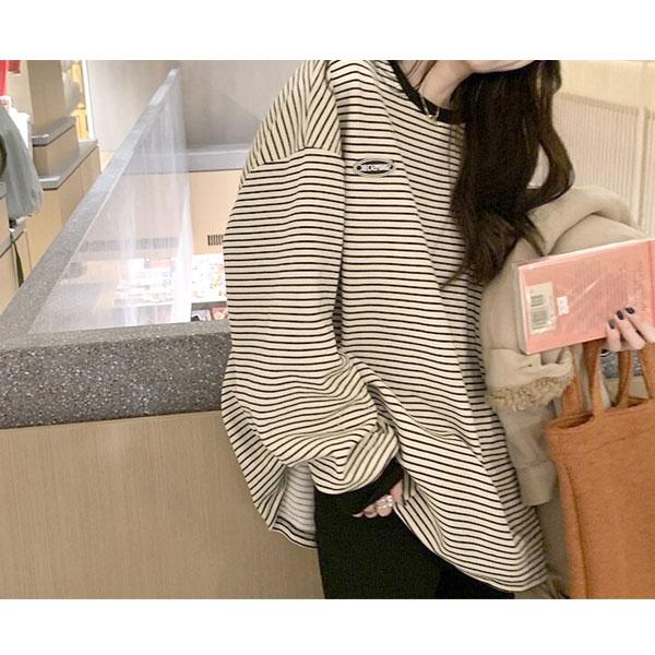 【期間限定スペシャルプライス】カットソー レディース トップス ボーダー Tシャツ ロンT 長袖 ゆったり 大きいサイズ ドロップショルダー 送料無料 |  | 04