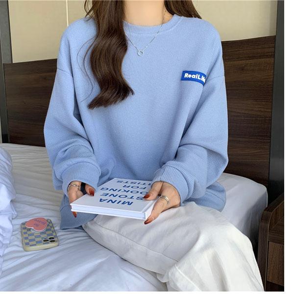 【期間限定スペシャルプライス】ワッフル トレーナー ロンT レディース 英字ロゴ ドロップショルダー トップス 長袖 送料無料 |  | 04