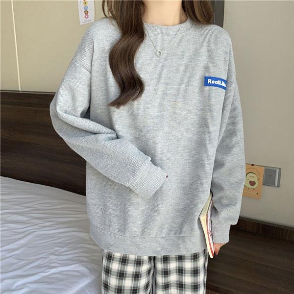 【期間限定スペシャルプライス】ワッフル トレーナー ロンT レディース 英字ロゴ ドロップショルダー トップス 長袖 送料無料 |  | 03