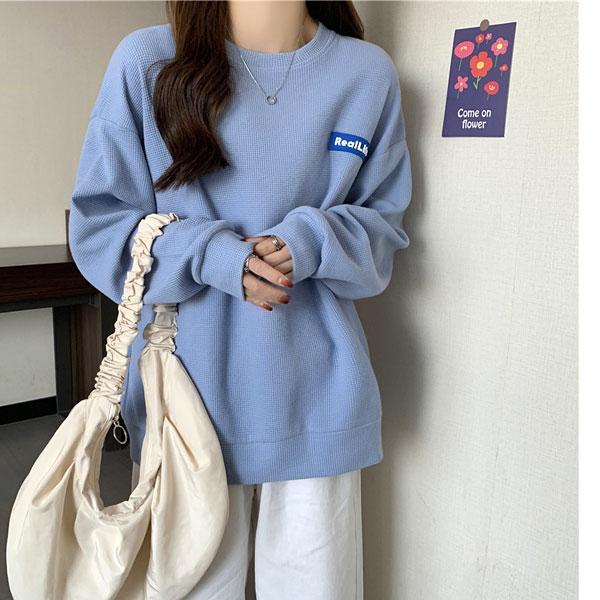 【期間限定スペシャルプライス】ワッフル トレーナー ロンT レディース 英字ロゴ ドロップショルダー トップス 長袖 送料無料 |  | 07