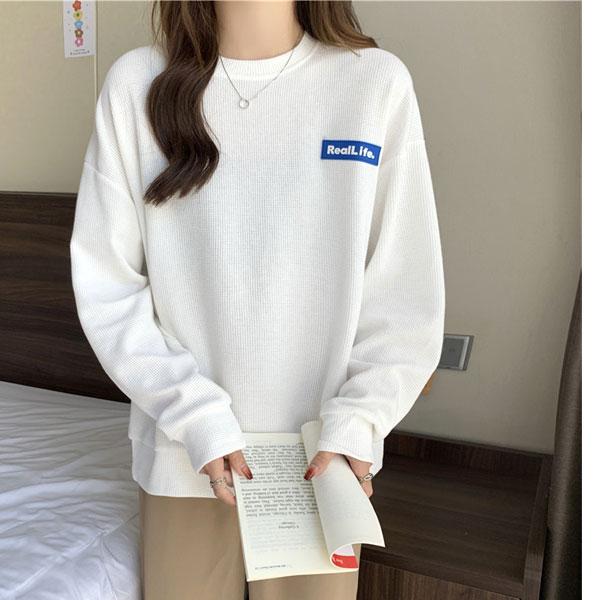 【期間限定スペシャルプライス】ワッフル トレーナー ロンT レディース 英字ロゴ ドロップショルダー トップス 長袖 送料無料 |  | 09