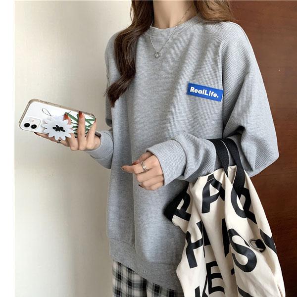 【期間限定スペシャルプライス】ワッフル トレーナー ロンT レディース 英字ロゴ ドロップショルダー トップス 長袖 送料無料 |  | 10