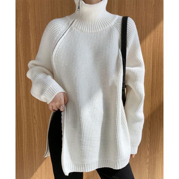 ニット セーター レディース 長袖 ジッパーデザイン ハイネック トップス 大きめ きれいめ 上品 高級感 普段使い 着回し 体型カバー グレー ブラック 送料無料 |  | 08