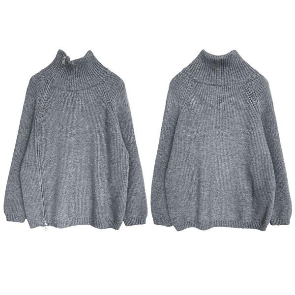 ニット セーター レディース 長袖 ジッパーデザイン ハイネック トップス 大きめ きれいめ 上品 高級感 普段使い 着回し 体型カバー グレー ブラック 送料無料 |  | 10