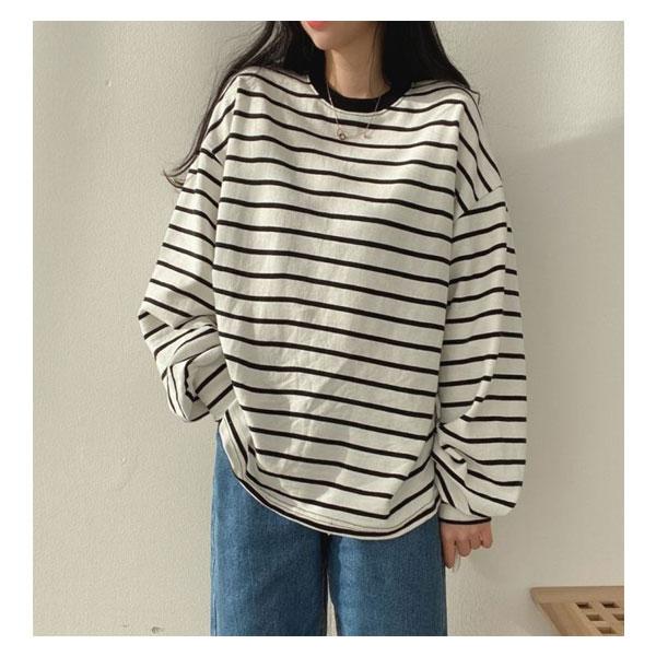 カットソー ボーダー レディース トップス Tシャツ ロンT トップス 長袖 ゆったり ドロップショルダー 送料無料 |  | 02