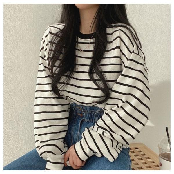 カットソー ボーダー レディース トップス Tシャツ ロンT トップス 長袖 ゆったり ドロップショルダー 送料無料 |  | 03