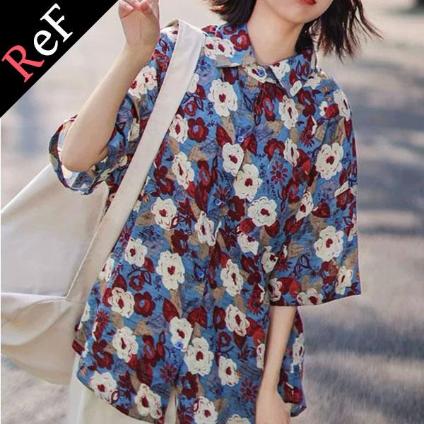 柄シャツ 派手シャツ ライトブルー 花柄 フラワー アロハシャツ レディース リゾート シャツ アロハ トップス 半袖 羽織り | 