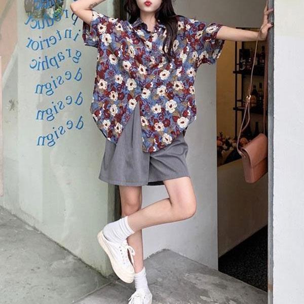 柄シャツ 派手シャツ ライトブルー 花柄 フラワー アロハシャツ レディース リゾート シャツ アロハ トップス 半袖 羽織り |  | 02