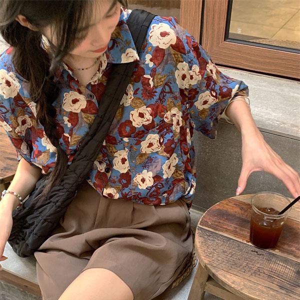 柄シャツ 派手シャツ ライトブルー 花柄 フラワー アロハシャツ レディース リゾート シャツ アロハ トップス 半袖 羽織り |  | 03