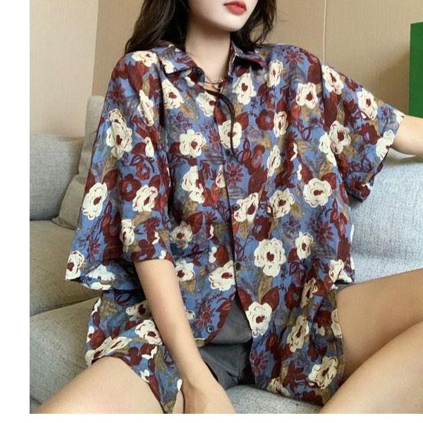 柄シャツ 派手シャツ ライトブルー 花柄 フラワー アロハシャツ レディース リゾート シャツ アロハ トップス 半袖 羽織り |  | 04