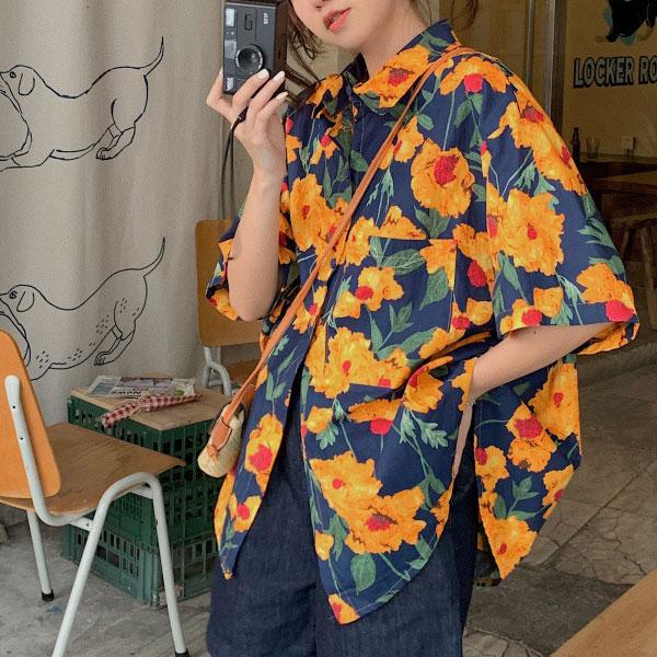 柄シャツ 派手シャツ ネイビー オレンジ アロハシャツ レディース リゾート シャツ アロハ トップス 半袖 羽織り 大きいサイズ |  | 01