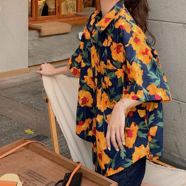 柄シャツ 派手シャツ ネイビー オレンジ アロハシャツ レディース リゾート シャツ アロハ トップス 半袖 羽織り 大きいサイズ |  | 03