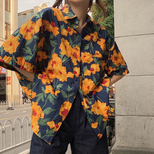 柄シャツ 派手シャツ ネイビー オレンジ アロハシャツ レディース リゾート シャツ アロハ トップス 半袖 羽織り 大きいサイズ |  | 04