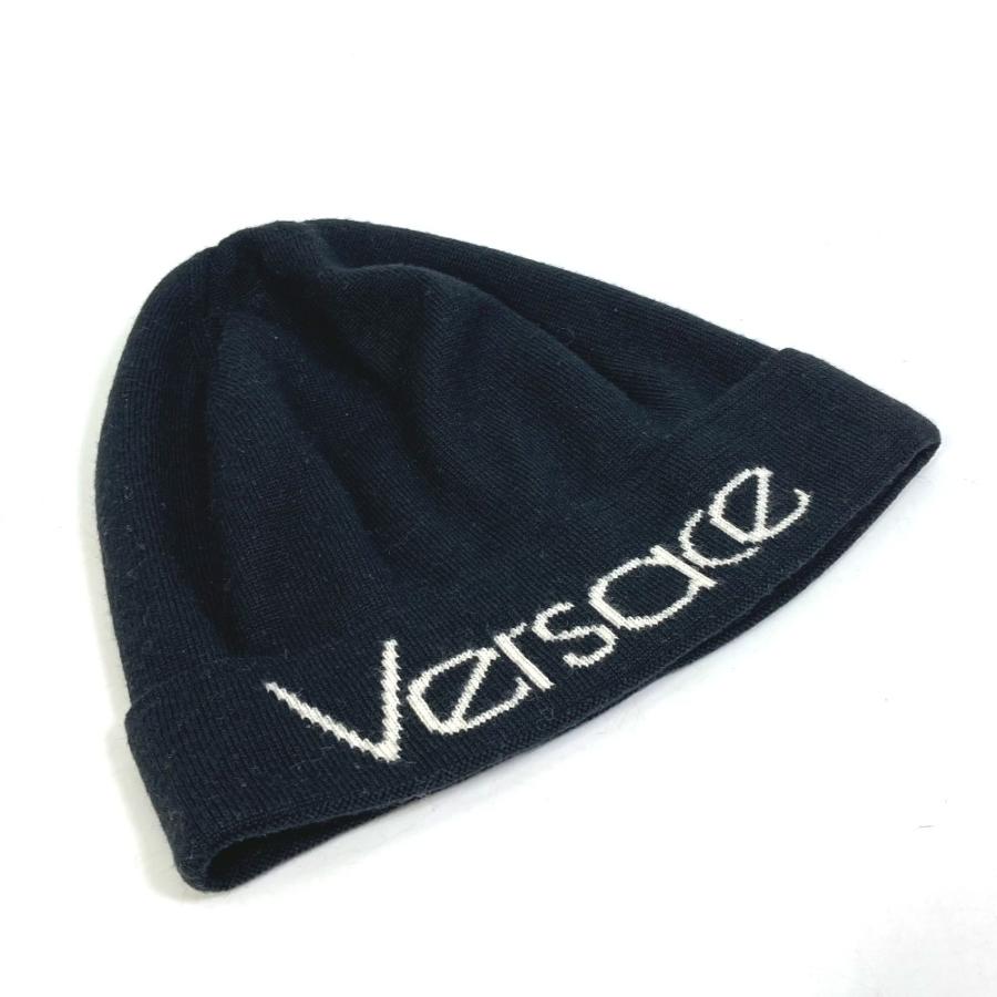 VERSACE ニット帽 USED美品 ヴェルサーチェ ブラック VERSACE ヴェルサーチ ロゴ ビーニー ニットキャップ 帽子 ニット帽
