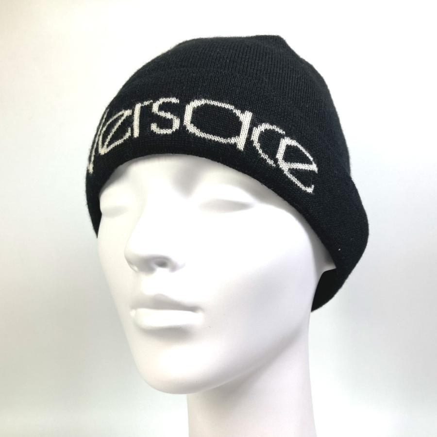 VERSACE ニット帽 USED美品 ヴェルサーチェ ブラック VERSACE ヴェルサーチ ロゴ ビーニー ニットキャップ 帽子 ニット帽