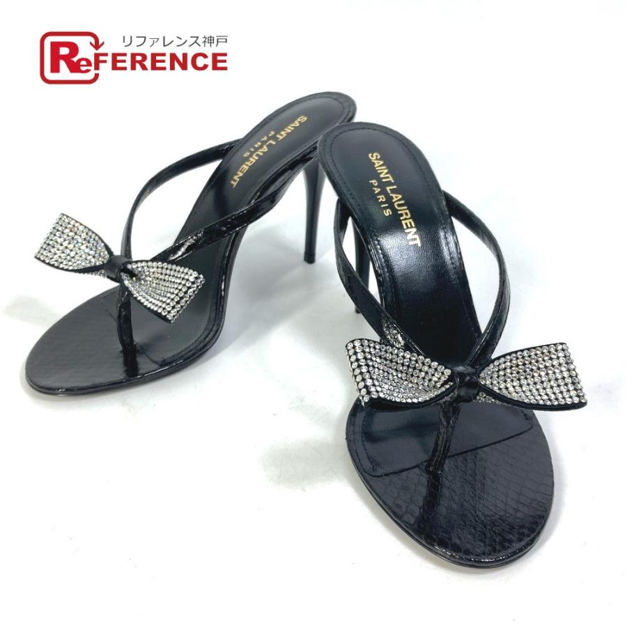 新品同様 SAINT LAURENT PARIS サンローランパリ 606419 リボン りぼん スワロフスキー 靴 ヒール ミュール サンダル ブラック【中古】 | 