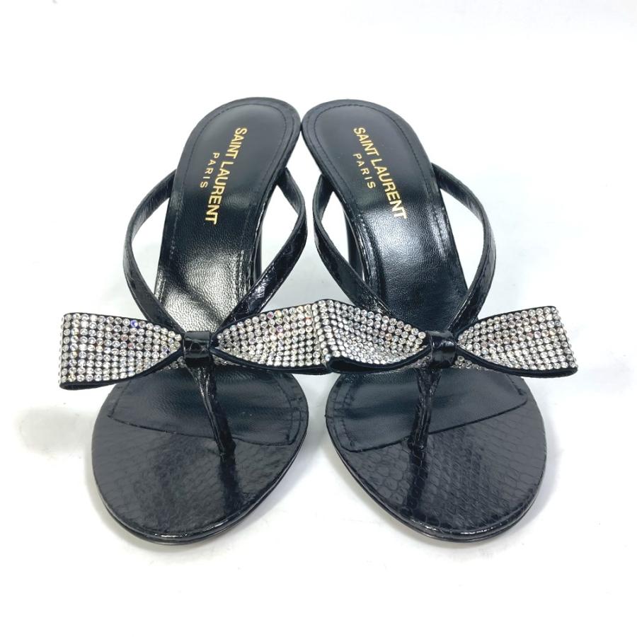 新品同様 SAINT LAURENT PARIS サンローランパリ 606419 リボン りぼん スワロフスキー 靴 ヒール ミュール サンダル ブラック【中古】 |  | 01