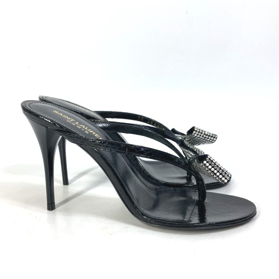 新品同様 SAINT LAURENT PARIS サンローランパリ 606419 リボン りぼん スワロフスキー 靴 ヒール ミュール サンダル ブラック【中古】 |  | 03