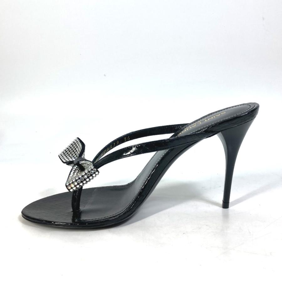 新品同様 SAINT LAURENT PARIS サンローランパリ 606419 リボン りぼん スワロフスキー 靴 ヒール ミュール サンダル ブラック【中古】 |  | 06
