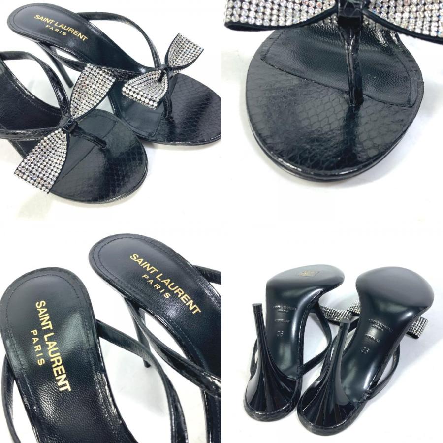 新品同様 SAINT LAURENT PARIS サンローランパリ 606419 リボン りぼん スワロフスキー 靴 ヒール ミュール サンダル ブラック【中古】 |  | 08