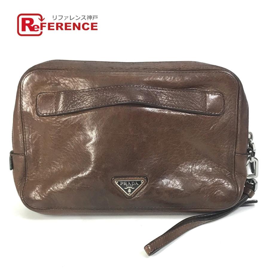 PRADA プラダ VR0052 ハンドバッグ クラッチバッグ トライアングルロゴ 三角ロゴ プレート セカンドバッグ ブラウン メンズ【中古】 | PRADA