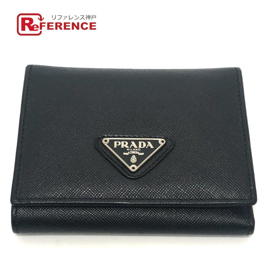 PRADA プラダ M176A トライアングルプレート 財布 ミニウォレット 三角プレート  3つ折り財布 ブラック レディース【中古】 | PRADA