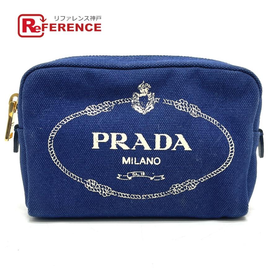 PRADA プラダ 1NA021 ロゴプリント カナパ 化粧ポーチ 小物入れ ポーチ ブルー レディース【中古】 | PRADA