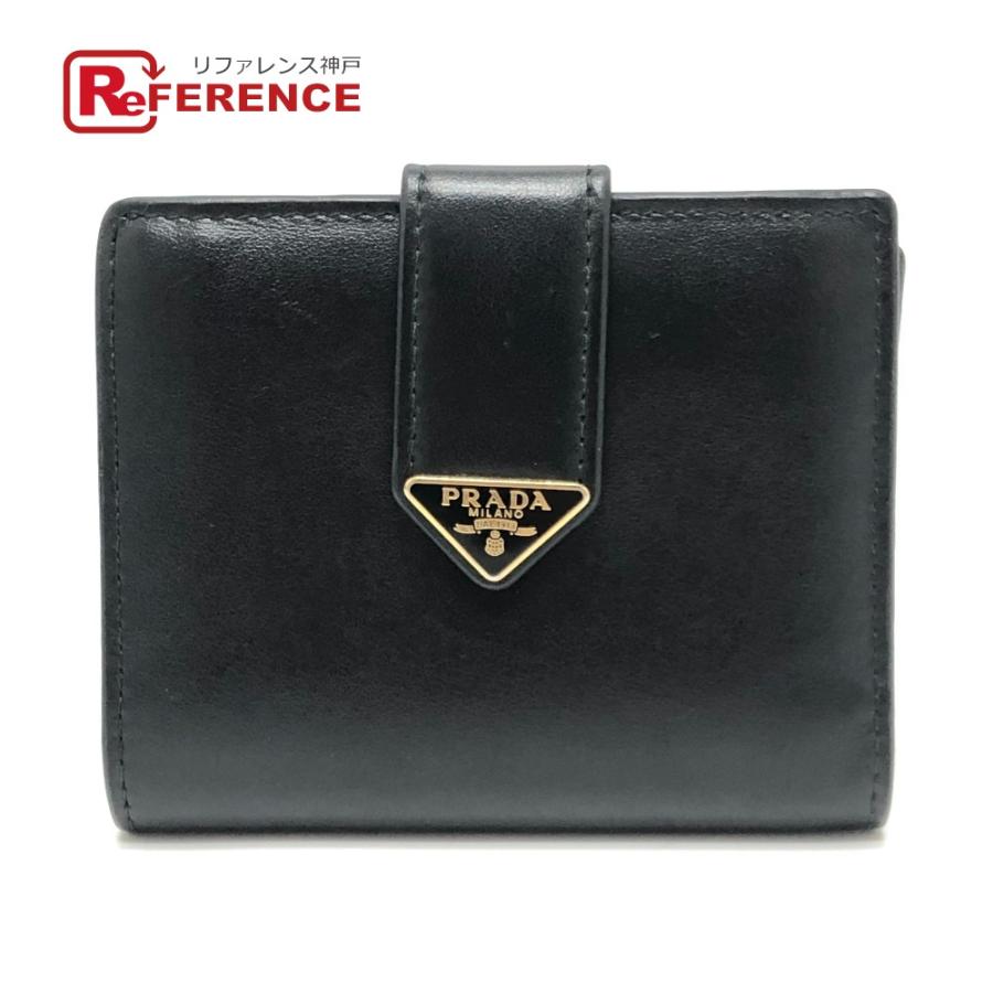 PRADA プラダ 1MV204 トライアングルプレート 財布 ミニウォレット コンパクト財布 ゴールド金具 2つ折り財布 ブラック メンズ【中古】 | PRADA