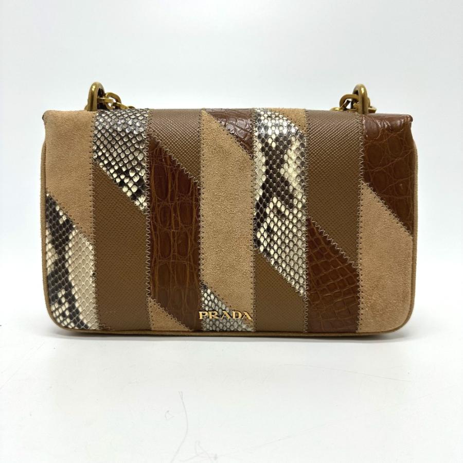 PRADA プラダ 1BD009 ロゴ チェーン カバン ショルダーバッグ スエード ブラウン レディース【中古】 | PRADA | 01